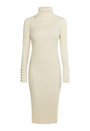 Pletené krémové šaty s vysokým rolákem, dlouhými rukávy a žebrovanou texturou. Obsahují knoflíky na manžetách rukávů pro přidaný detail.