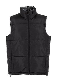 Gilet matelassé noir avec col montant, fermeture éclair à l'avant et deux poches latérales. L'intérieur présente une doublure à motif. Tissu léger et matelassé.