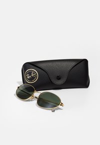 Gafas de sol Ray-Ban con lentes verdes y marco de metal dorado, posicionadas junto a un estuche de cuero negro texturizado con un logo circular.