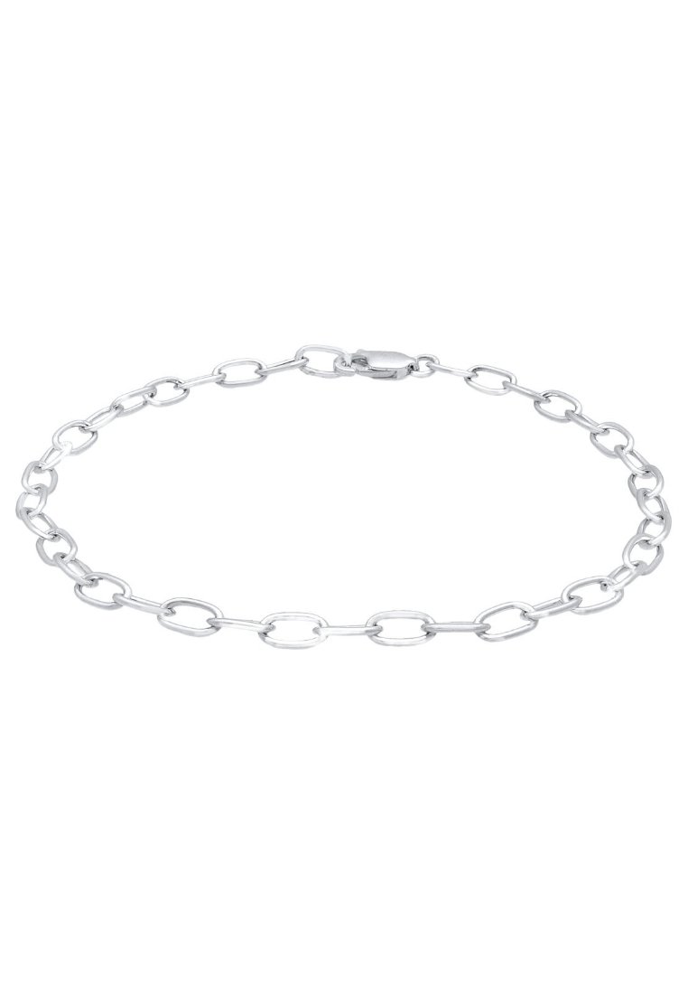 Zilveren kettingarmband met langwerpige ovale schakels, een veilige sluiting en een gladde, gepolijste textuur.
