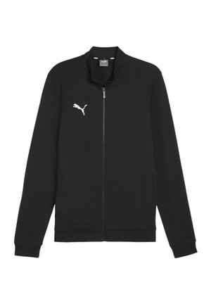 Sort zip-jakke lavet af glat stof, med en opretstående krave, to sidelommer og et hvidt Puma-logo på venstre bryst.