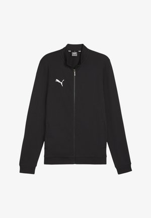 Black zip-up jacket made of smooth fabric, featuring a standing collar, two side pockets, and a white Puma logo on the left chest.