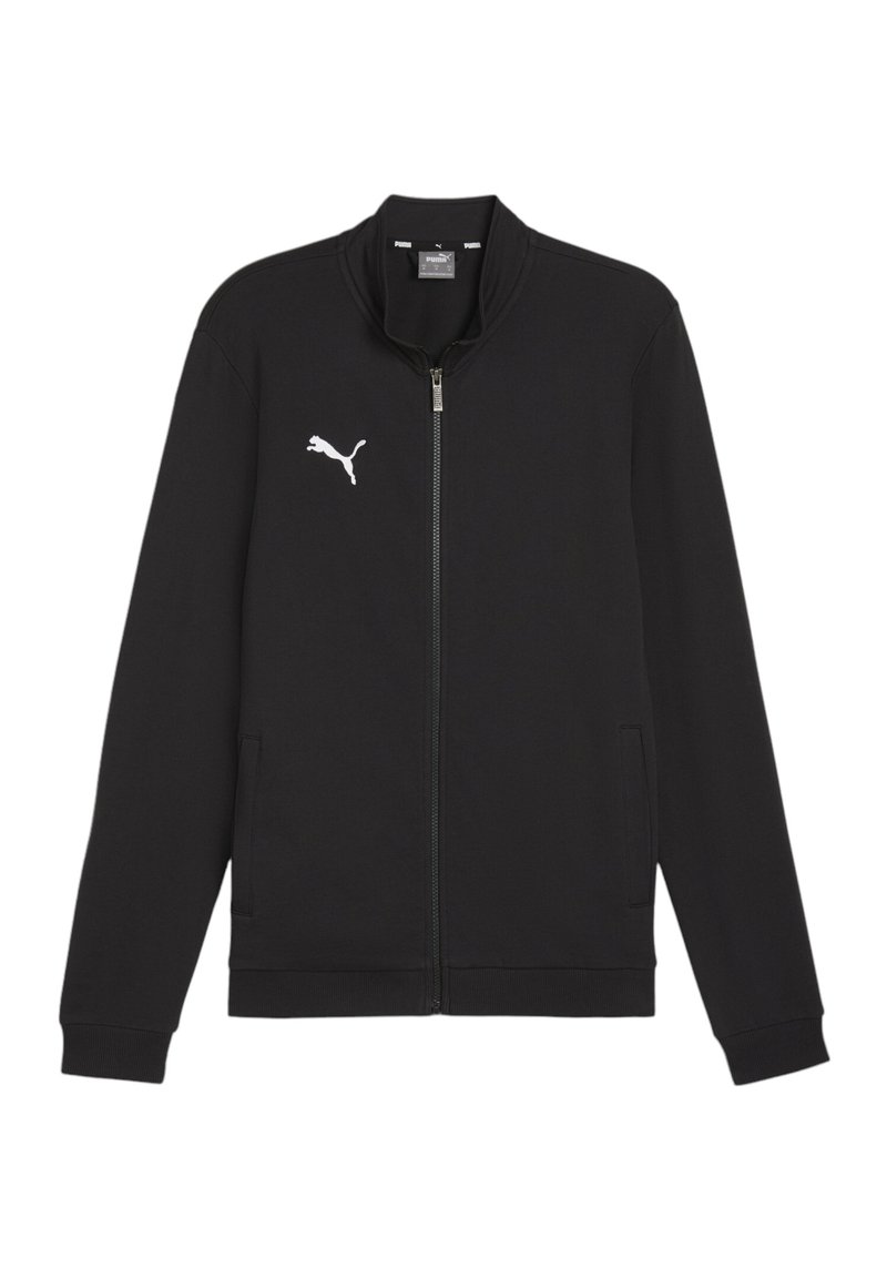 Sort zip-jakke lavet af glat stof, med en opretstående krave, to sidelommer og et hvidt Puma-logo på venstre bryst.