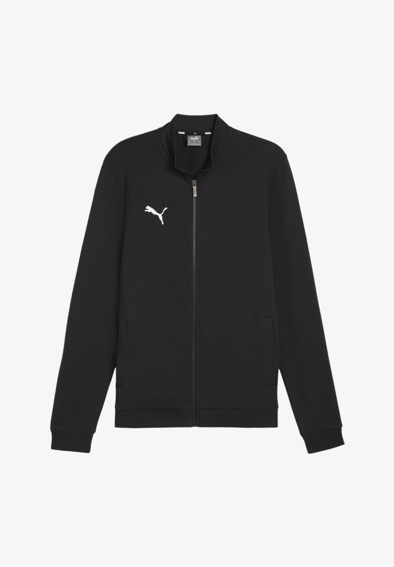 Sort zip-jakke lavet af glat stof, med en opretstående krave, to sidelommer og et hvidt Puma-logo på venstre bryst.