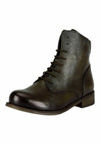 Stivale alla caviglia in pelle verde scuro con lacci, punta tonda e tacco basso in legno. Tessitura liscia con dettagli di cucitura minimi.