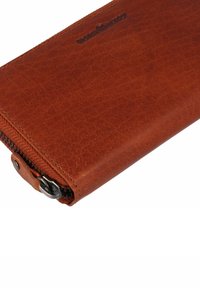 Brown leather wallet with a textured finish, featuring a zipper closure and metal hardware. The design is slim and rectangular.