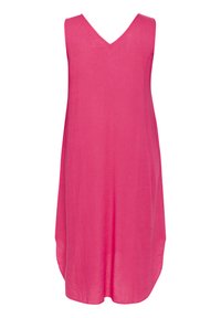 Vestido sin mangas de color rosa con escote en V, hecho de lino ligero. Presenta una silueta en A con un dobladillo trasero ligeramente más largo.