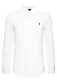 Biała bawełniana koszula z długim rękawem zapinana na guziki. Posiada klasyczny kołnierzyk i małe granatowe logo na lewej piersi. Gładka faktura.