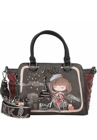 Borsa nera e bordeaux con una texture liscia, caratterizzata da illustrazioni giocose e dalla Torre Eiffel. Include manici doppi e una tracolla staccabile.