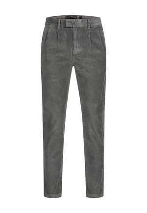 Pantalones de pana gris con un corte estrecho, que presentan estrías verticales, pasadores para cinturón y bolsillos laterales, fabricados con un tejido suave.