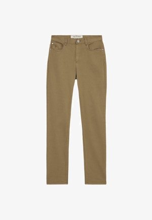 Jasnobeżowe spodnie o slim fit z czterema kieszeniami, zapięciem na guzik i szlufkami na pasek. Miękka tkanina o gładkiej teksturze oraz subtelne detale przeszycia.