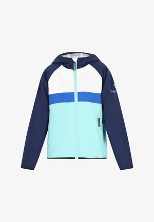 Hættetrøje med en blanding af marineblå, hvid og teal farver. Lavet af letvægtsmateriale med en for-zip og sidelommer.