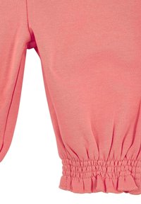 Tessuto a maglia rosa arricciato con cintura elastica e orlo smussato. Texture liscia, design a gamba affusolata. Adatto per l'abbigliamento casual.
