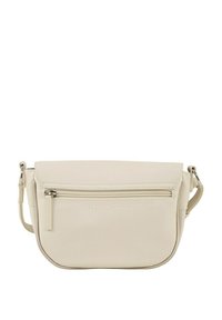 Beige Umhängetasche aus strukturiertem Material mit Klappe, vorderer Reißverschlusstasche und verstellbarem Tragegurt, die eine glatte, abgerundete Form aufweist.