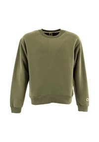 Sudadera verde oliva hecha de algodón, con cuello redondo, mangas largas, puños acanalados y un dobladillo con un acento de logotipo redondo.
