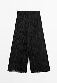 Black pleated culottes with a textured, flowing design that extends to mid-calf. Smooth waistband, lightweight fabric. No pockets.