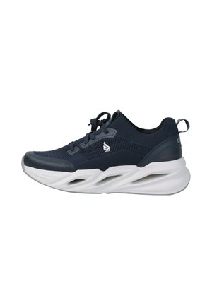 Dunkelblauer sportlicher Sneaker mit weißer, gepolsterter Sohle, Mesh-Obermaterial, Schnürverschluss und Zuglasche an der Ferse.