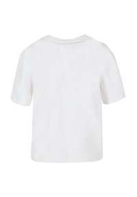 Weißes Baumwoll-T-Shirt mit kurzen Ärmeln, rundem Halsausschnitt und lockerer Passform. Glatte Textur mit einem klaren, minimalistischen Design.