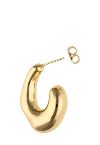 Gul hoops ørering med et organisk, buet design. Har en glansfuld finish og en sikker post-back lukning, ledsaget af en lille bagside.