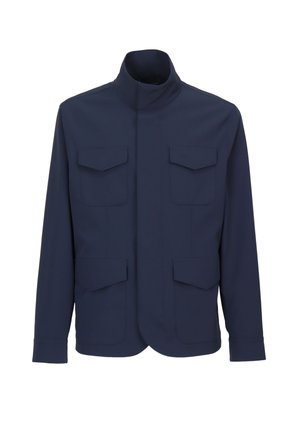 Marineblaue Jacke mit Stehkragen und vier aufgesetzten Taschen, zwei auf der Brust und zwei auf Hüfthöhe, lange Ärmel, taillierter Schnitt.