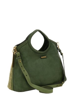 Borsa a tracolla in pelle verde con pannello laterale texturizzato. Presenta una maniglia arrotondata, tracolla regolabile e dettagli in metallo dorato.