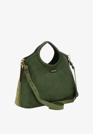 Borsa a tracolla in pelle verde con pannello laterale texturizzato. Presenta una maniglia arrotondata, tracolla regolabile e dettagli in metallo dorato.