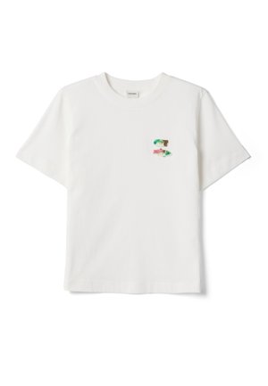 White short-sleeve T-shirt with round neck featuring two small colorful sequin fish embroidered on the left chest.