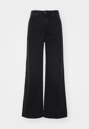 Black wide-leg jeans with a high waist, made from denim. Features front pockets, a button closure, and visible stitching along the seams.