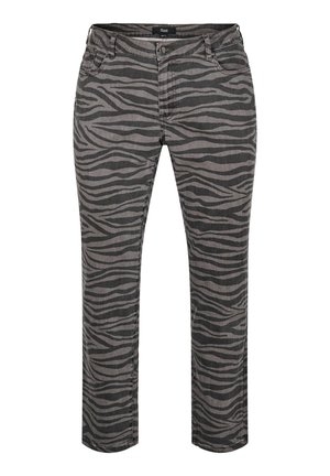 Gray zebra-print pants with a slim fit, featuring a button closure and front pockets. Made of soft, textured fabric.
