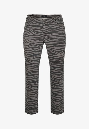 Pelēku zebras raksta bikses ar šauru piegriezumu, kas aprīkotas ar pogu aizdari un priekšējām kabatām. Izgatavotas no mīksta, strukturēta auduma.