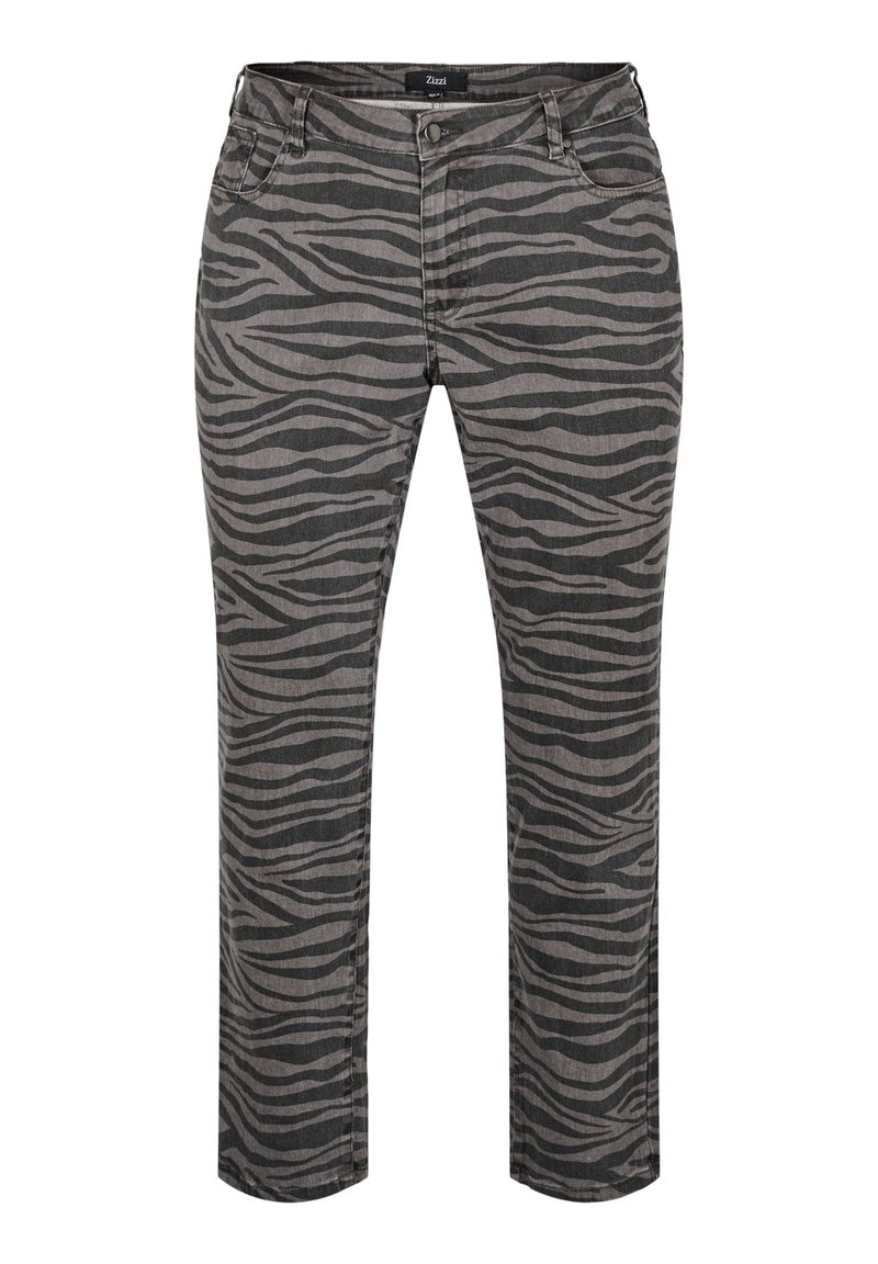 Pantalones con estampado de cebra gris y corte ajustado, con cierre de botón y bolsillos frontales. Fabricados en una tela suave y texturizada.