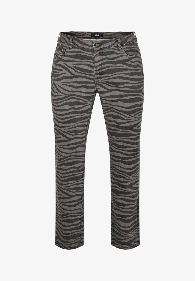 Grå zebra-print bukser med slim fit, med knaplukning og forlommer. Fremstillet af blødt, tekstureret stof.