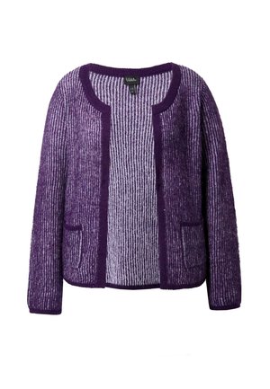 Violetti neulottu neuletakki, jossa on pitkät hihat, avoin etuosa, kaksi pientä etutaskua ja ribbineulospinta.