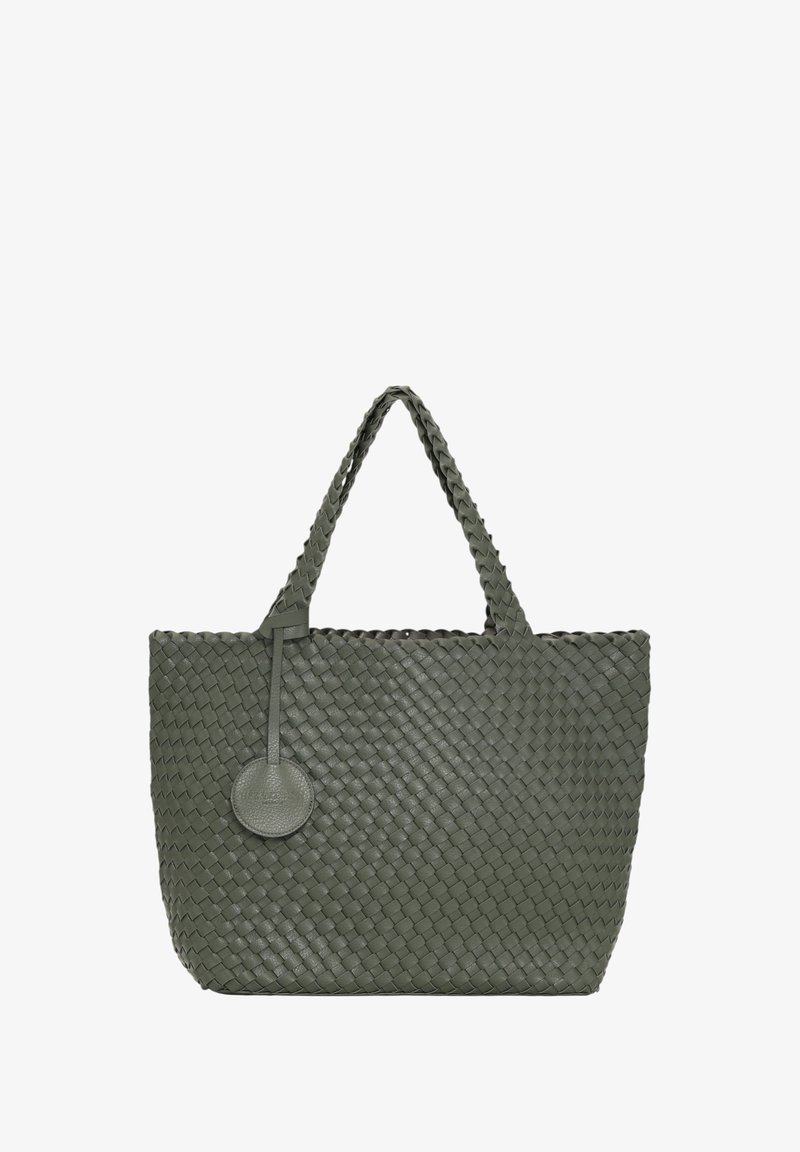 Woven leather tote bag in dark green with two braided handles and a circular accent tag, featuring a spacious, structured design.