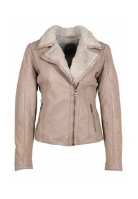 Lichtbeige leren jack met een zachte crèmekleurige nepbontkraag, rits aan de voorkant, twee zijzakken en afgepaste schoudernaden. Soepele textuur.