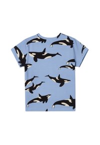 T-shirt in cotone blu con un motivo ripetuto di orche bianche e nere. Maniche corte, scollatura rotonda e vestibilità comoda.