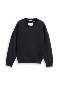 Felpa nera realizzata in un tessuto texturizzato, caratterizzata da un ampio scollo a girocollo e un design con spalle scese, con polsini e orlo a coste.