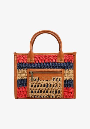 Pravokotni tkani ročni vrečki s črtami v rdeči, temno modri in bež barvi, z rjavimi usnjenimi ročaji, obrobami in sprednjim žepom z zadrgo iz medenine.