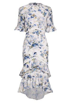 Biała sukienka midi z niebieskim kwiatowym nadrukiem, krótkimi falbaniastymi rękawami, asymetrycznym, warstwowym dołem z falbaną oraz wysokim kołnierzem z wiązaniem z tyłu.