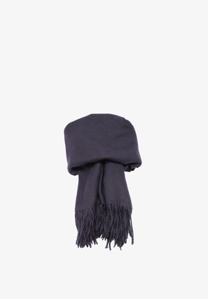 Sciarpa di lana grigia scura con una consistenza morbida e estremità frangiate, caratterizzata da un design semplice e piegato. Adatta per il clima freddo.