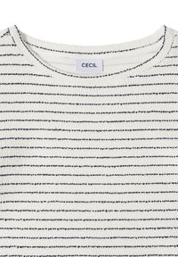 Chemise blanche texturée avec fines rayures horizontales noires et encolure ronde présentant une petite étiquette blanche portant l'inscription "CECIL" au col.