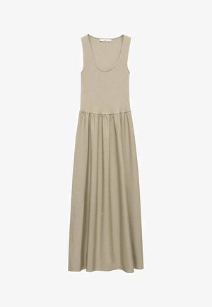 Sømløs maxikjole i lys beige, med en tætsiddende overdel og en samlet skørt for en let og svajende silhuet. Glat stofstruktur.