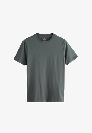 Mørkegrå T-shirt med korte ærmer i muskelpasform med rund hals og jævnt stof, vist fladt på en hvid baggrund.