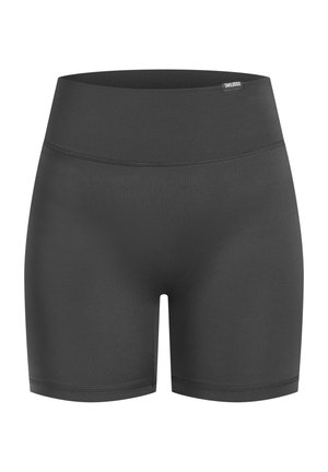 Shorts noirs en matériau extensible, avec une taille haute et une texture lisse et unie. Aucun motif ni matériel visible.