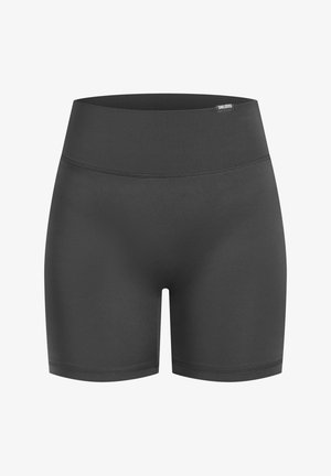 Pantaloni shorts neri realizzati in materiale elasticizzato, con una vita alta e una texture liscia e uniforme. Senza motivi visibili né accessori.