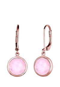Rosaguldøreringe med facetterede, pink runde sten, som hænger ned, med en leverback-lukning og glatte metal accenter.