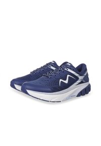 Blue athletic shoes with a breathable upper, perforated sections, white accents, and textured soles for grip. Laces for secure fit.