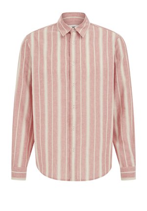 Pikkade varrukatega nööbitav särk, millel on vertikaalsed roosad ja valged triibud ning klassikaline krae.