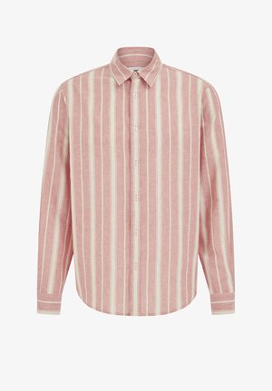 Halenka z dolgimi rokavi na gumbe z navpičnimi rožnatimi in belimi črtami ter klasičnim ovratnikom.