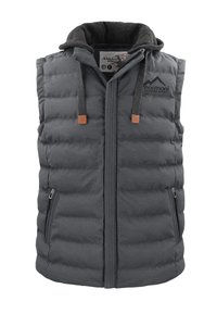 Gepolstertes graues Vest mit Kapuze. Mit einem Reißverschluss auf der Vorderseite, zwei Seitentaschen und dekorativen braunen Lederakzenten an den Kordeln.